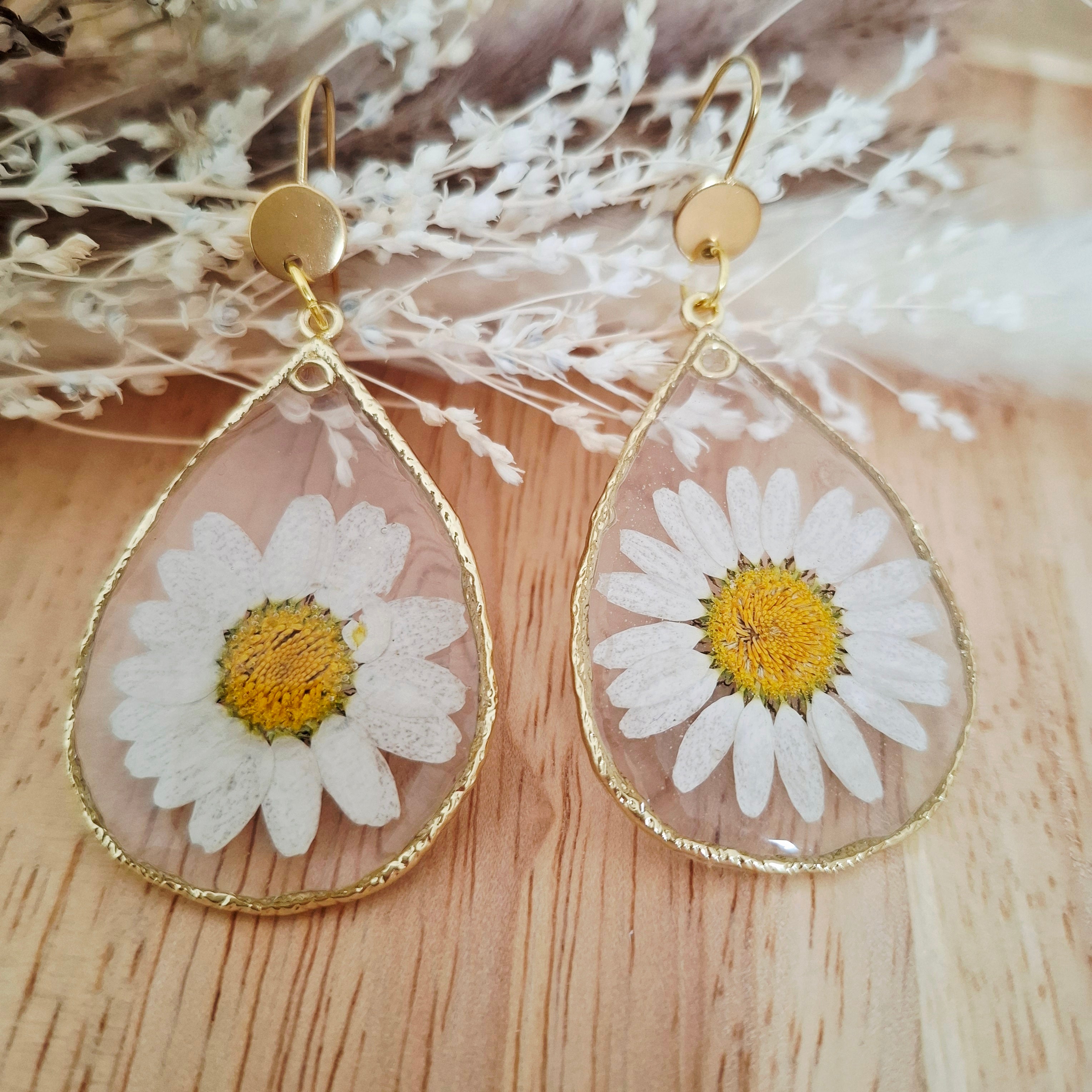 Boucles d'oreilles fleurs séchées Marguerites